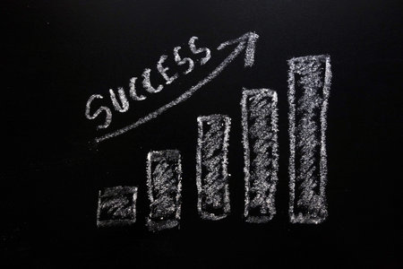 Bar chart showing sales growth on blackboard, successful business conceptの写真素材
