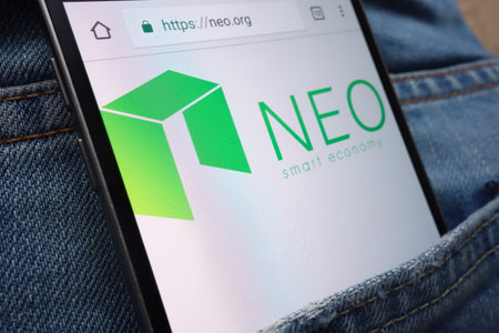 KONSKIE, POLAND - JUNE 01, 2018: NEO cryptocurrency website displayed on smartphone hidden in jeans pocketのeditorial素材