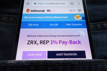 KONSKIE, POLAND - JUNE 02, 2018: Bithumb cryptocurrency exchange website displayed on smartphone...