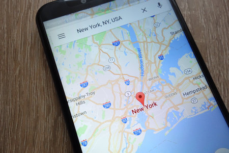 KONSKIE, POLAND - JUNE 17, 2018: New York location on Google Maps app displayed on a modern smartphoneのeditorial素材