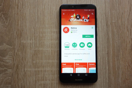 KONSKIE, POLAND - JUNE 17, 2018: Retrica app on Google Play Store website displayed on Huawei Y6...