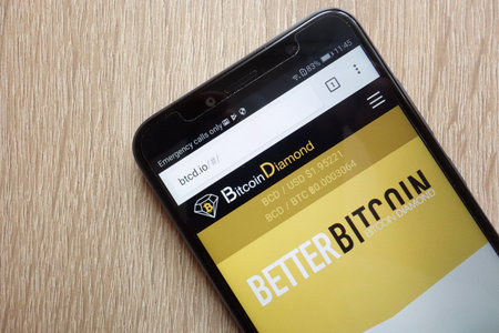 KONSKIE, POLAND - JULY 01, 2018: Bitcoin Diamond (BCD) cryptocurrency website is displayed on Huawei...