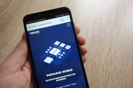 KONSKIE, POLAND - JULY 01, 2018: Populous (PPT) cryptocurrency website is displayed on Huawei Y6...