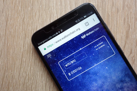 KONSKIE, POLAND - JULY 01, 2018: Waltonchain (WTC) cryptocurrency website displayed on Huawei Y6...