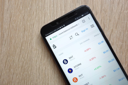 KONSKIE, POLAND - JULY 01, 2018: Bancor (BNT) cryptocurrency website is displayed on Huawei Y6 2018 smartphoneのeditorial素材