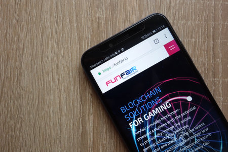 KONSKIE, POLAND - JULY 01, 2018: Funfair (FUN) cryptocurrency website is displayed on Huawei Y6 2018 smartphoneのeditorial素材