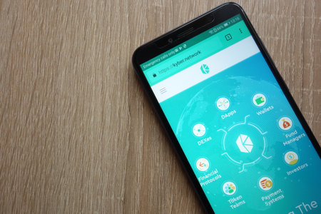 KONSKIE, POLAND - JULY 01, 2018: Kyber Network (KNC) cryptocurrency website is displayed on Huawei Y6 2018 smartphoneのeditorial素材