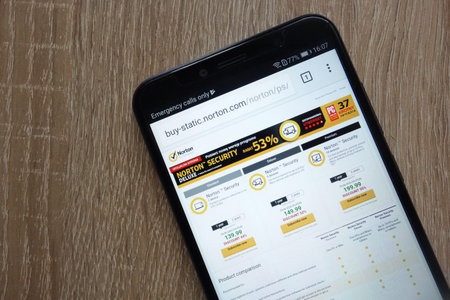 KONSKIE, POLAND - JULY 14, 2018: Norton website is displayed on a modern smartphone