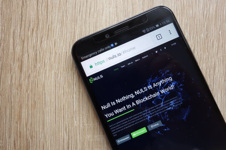KONSKIE, POLAND - JULY 08, 2018: Nuls cryptocurrency website is displayed on Huawei Y6 2018 smartphoneのeditorial素材