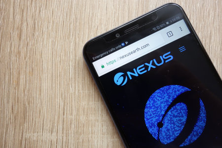 KONSKIE, POLAND - JULY 08, 2018: Nexus (NXS) cryptocurrency website is displayed on Huawei Y6 2018 smartphoneのeditorial素材