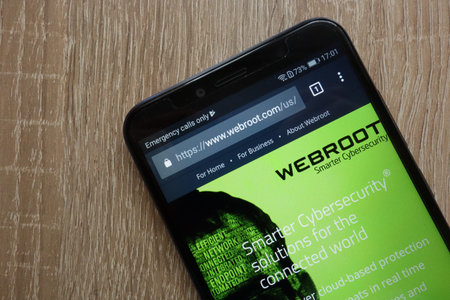 KONSKIE, POLAND - JULY 14, 2018: Webroot website is displayed on a modern smartphone