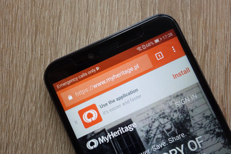 KONSKIE, POLAND - JULY 14, 2018: MyHeritage website is displayed on a modern smartphoneのeditorial素材