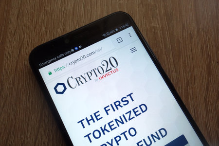 KONSKIE, POLAND - JULY 17, 2018: CRYPTO20 (C20) cryptocurrency website displayed on a modern smartphoneのeditorial素材