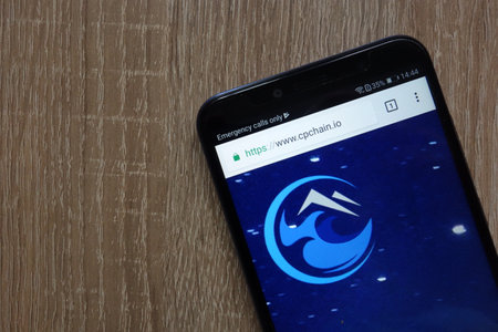 KONSKIE, POLAND - JULY 14, 2018: CPChain (CPC) cryptocurrency website displayed on a modern smartphoneのeditorial素材