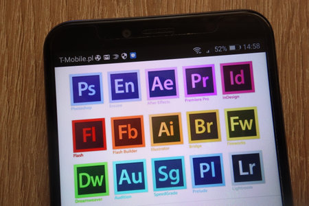 KONSKIE, POLAND - SEPTEMBER 01, 2018: Adobe Systems logos displayed on a modern smartphoneのeditorial素材