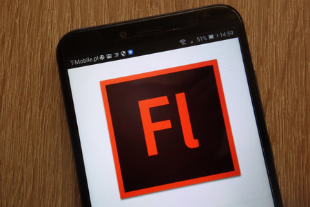 KONSKIE, POLAND - SEPTEMBER 01, 2018: Adobe Flash logo displayed on a modern smartphoneのeditorial素材