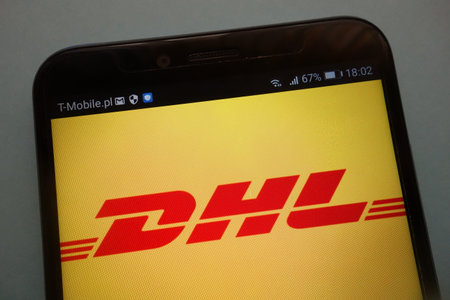 KONSKIE, POLAND - SEPTEMBER 08, 2018:  the brand DHL on a modern smartphoneのeditorial素材