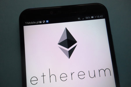 KONSKIE, POLAND - SEPTEMBER 08, 2018: Ethereum cryptocurrency on a smartphone