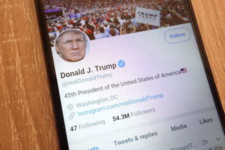 KONSKIE, POLAND - SEPTEMBER 07, 2018: Donald Trump Twitter`s account displayed on a modern smartphoneのeditorial素材