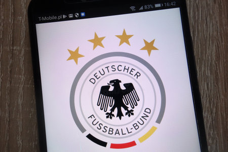 KONSKIE, POLAND - SEPTEMBER 07, 2018: Germany national football team logo displayed on a modern smartphoneのeditorial素材