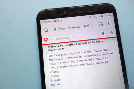 KONSKIE, POLAND - November 12, 2018: The Federal Council of Switzerland displayed on a smartphoneのeditorial素材