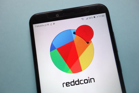 KONSKIE, POLAND - November 18, 2018: ReddCoin (RDD) cryptocurrency logo displayed on smartphoneのeditorial素材