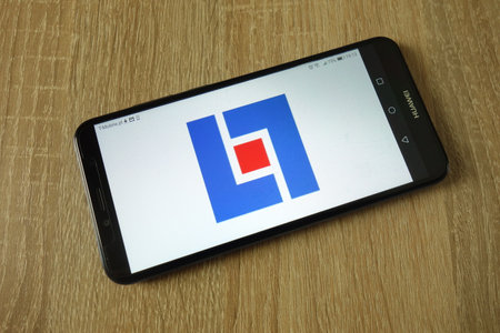KONSKIE, POLAND - March 14, 2019: Lansforsakringar Bank logo displayed on smartphoneのeditorial素材