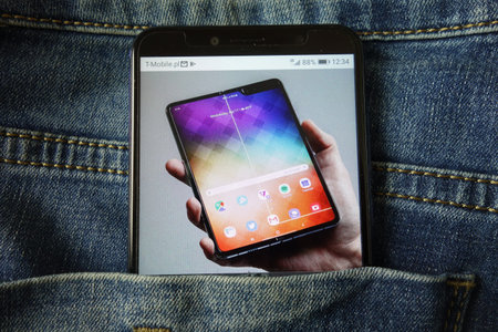 KONSKIE, POLAND - May 18, 2019: new smartphone Samsung Galaxy Fold concept design displayed on...
