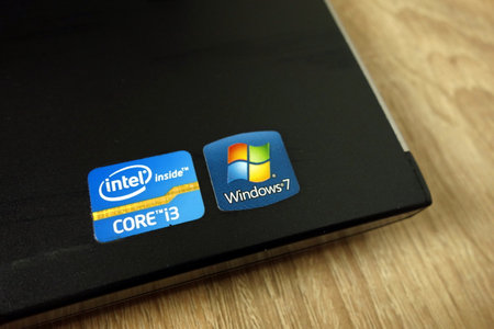 KONSKIE, POLAND - June 21, 2019: Intel Core i3 and Windows 7 sticker on laptop, closeupのeditorial素材