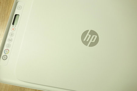 KONSKIE, POLAND - June 21, 2019: HP logo on new printerのeditorial素材