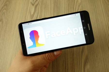 KONSKIE, POLAND - July 29, 2019: FaceApp logo displayed on mobile phoneのeditorial素材