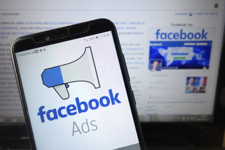 KONSKIE, POLAND - August 18, 2019: Facebook Ads logo displayed on mobile phoneのeditorial素材