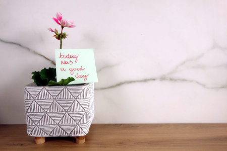 Today was a good day text handwritten on sticky note with blossoming flower, personal development...