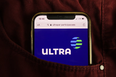 KONSKIE, POLAND - July 22, 2021: Ultrapar Participacoes SA logo displayed on mobile phoneのeditorial素材