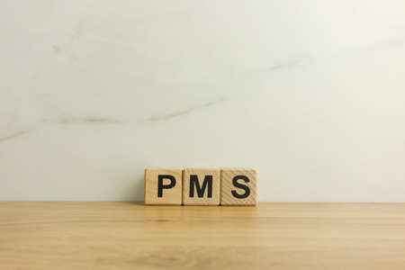 PMS premenstrual syndrome acronym from wooden cubes. Women menstruation period concept, copy space for your designの写真素材