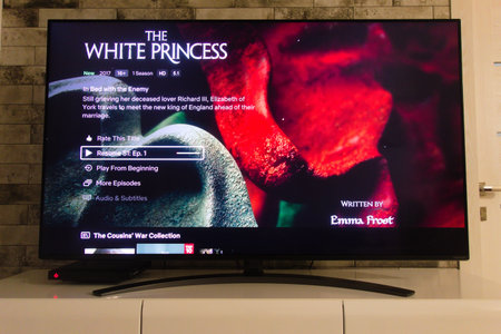 KONSKIE, POLAND - April 02, 2022: Netflix platform on tv screen displaying The White Princess series