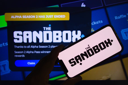 KONSKIE, POLAND - April 02, 2022: The Sandbox nft online game logo displayed on mobile phoneのeditorial素材