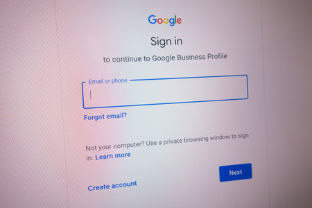 KONSKIE, POLAND - April 27, 2022: signing in to Google Business Profile by email or phone on laptop computer screenのeditorial素材