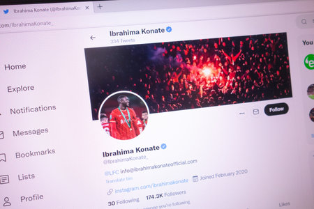 KONSKIE, POLAND - May 18, 2022: Ibrahima Konate official Twitter account displayed on laptop screenのeditorial素材