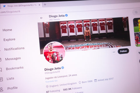KONSKIE, POLAND - May 18, 2022: Diogo Jota official Twitter account displayed on laptop screenのeditorial素材
