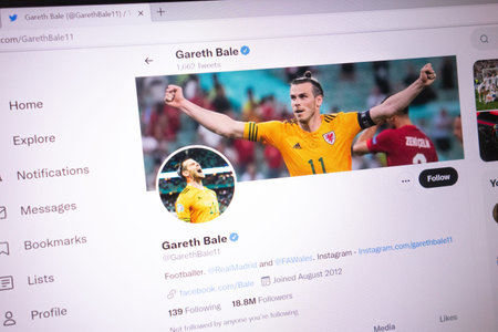 KONSKIE, POLAND - May 14, 2022: Gareth Bale official Twitter account displayed on laptop screen