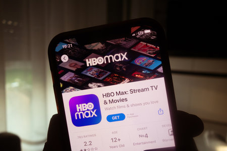 KONSKIE, POLAND - June 29, 2022: HBO Max Stream TV and Movies application on App Store displayed on mobile phone screenのeditorial素材