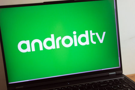 KONSKIE, POLAND - July 11, 2022: Android TV smart television operating system logo displayed on laptop computer screenのeditorial素材