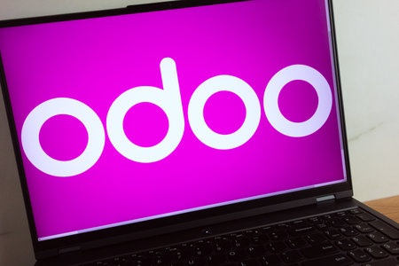 KONSKIE, POLAND - July 11, 2022: Odoo suite of business management software tools logo displayed on laptop computer screenのeditorial素材