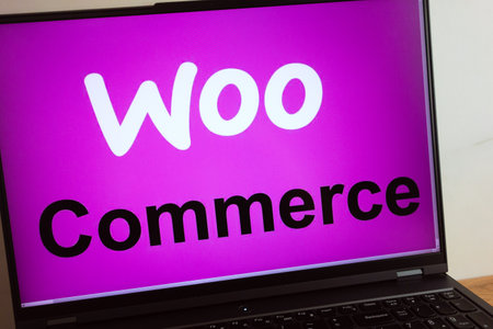 KONSKIE, POLAND - July 11, 2022: WooCommerce e-commerce plug-in for WordPress logo displayed on laptop computer screenのeditorial素材
