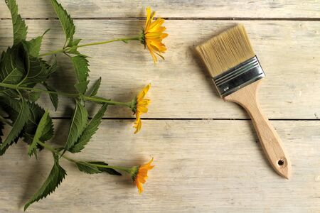 A paint brush is next to beautiful orange flowers on an old white vintage wooden plank table.の写真素材