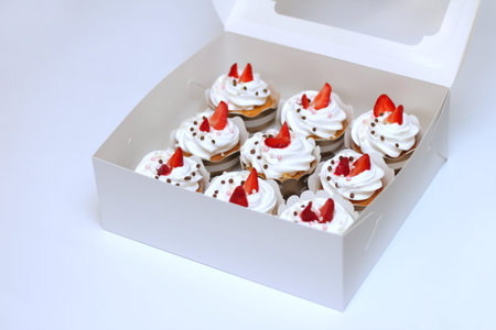 Close-up cupcakes with whipped eggs cream decorated fresh strawberry and chocolate balls in white...