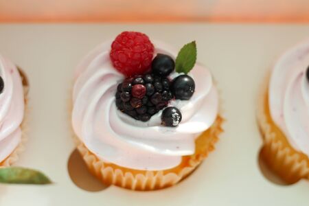Isolated cupcake with cream, cherry with a leaf and black currant in a crafting box on a white background.の写真素材