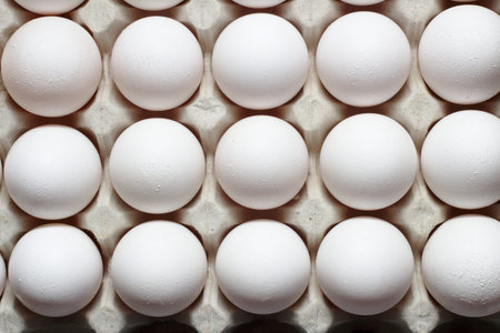 An isolated tray of eggs from recycled materials with white eggs on a white background. Top view