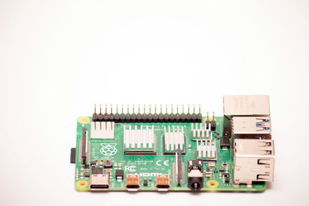 Kiev, Ukraine - August 13th, 2020: Focused Universal Serial Bus (USB) type 3.0 on single-board...